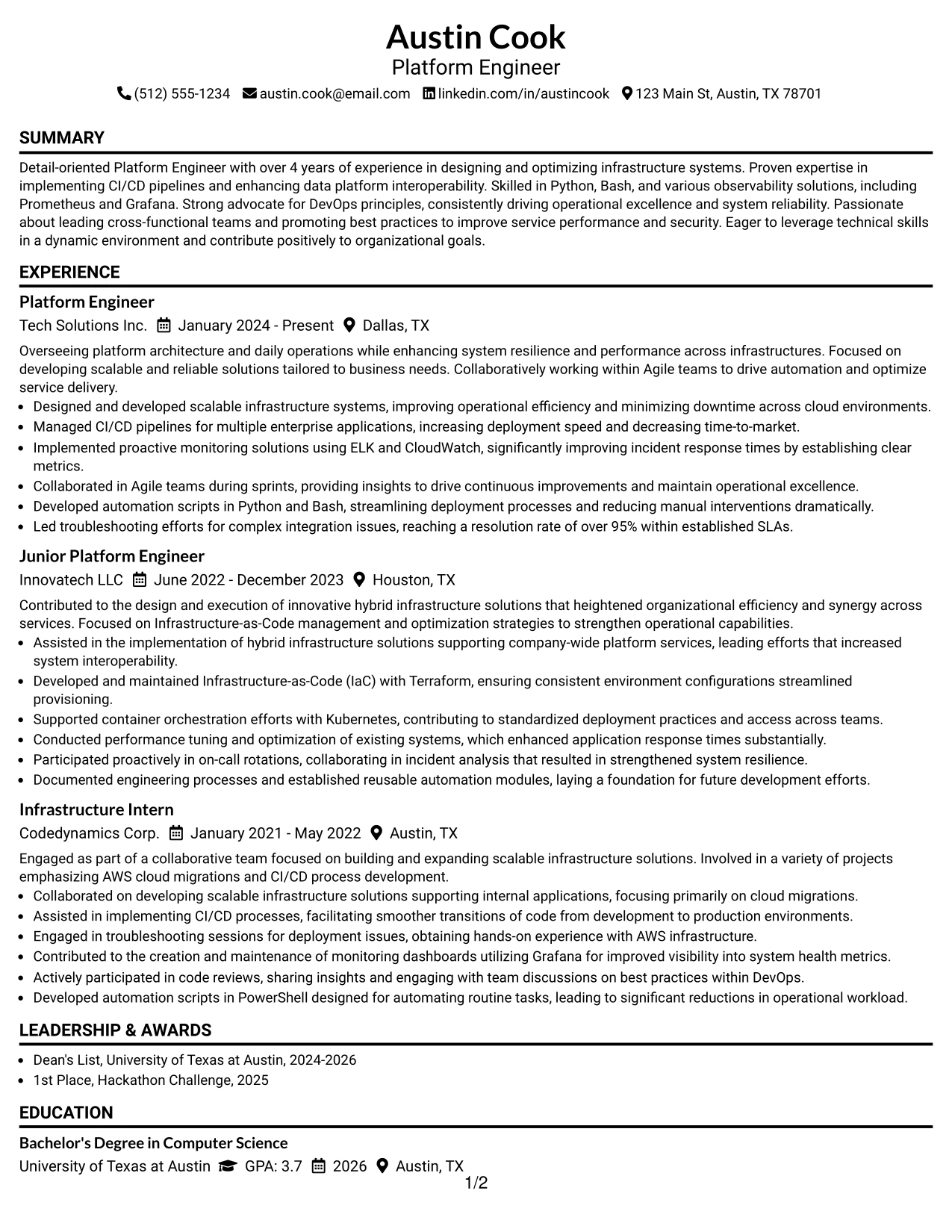 Resume Example Page 1
