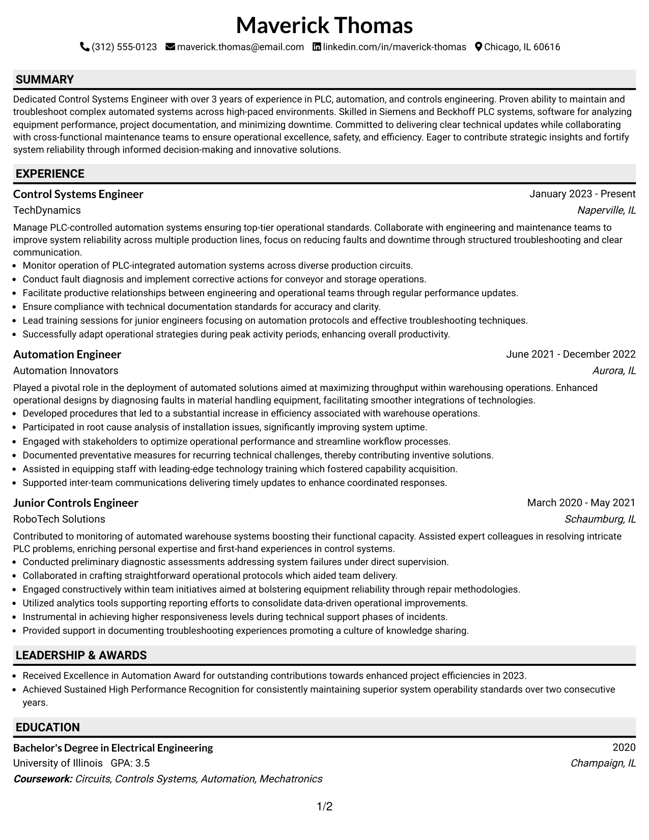 Resume Example Page 1