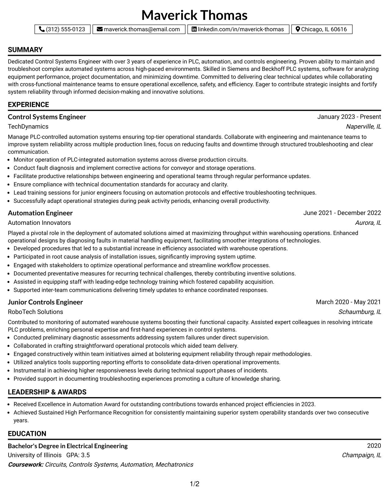 Resume Example Page 1