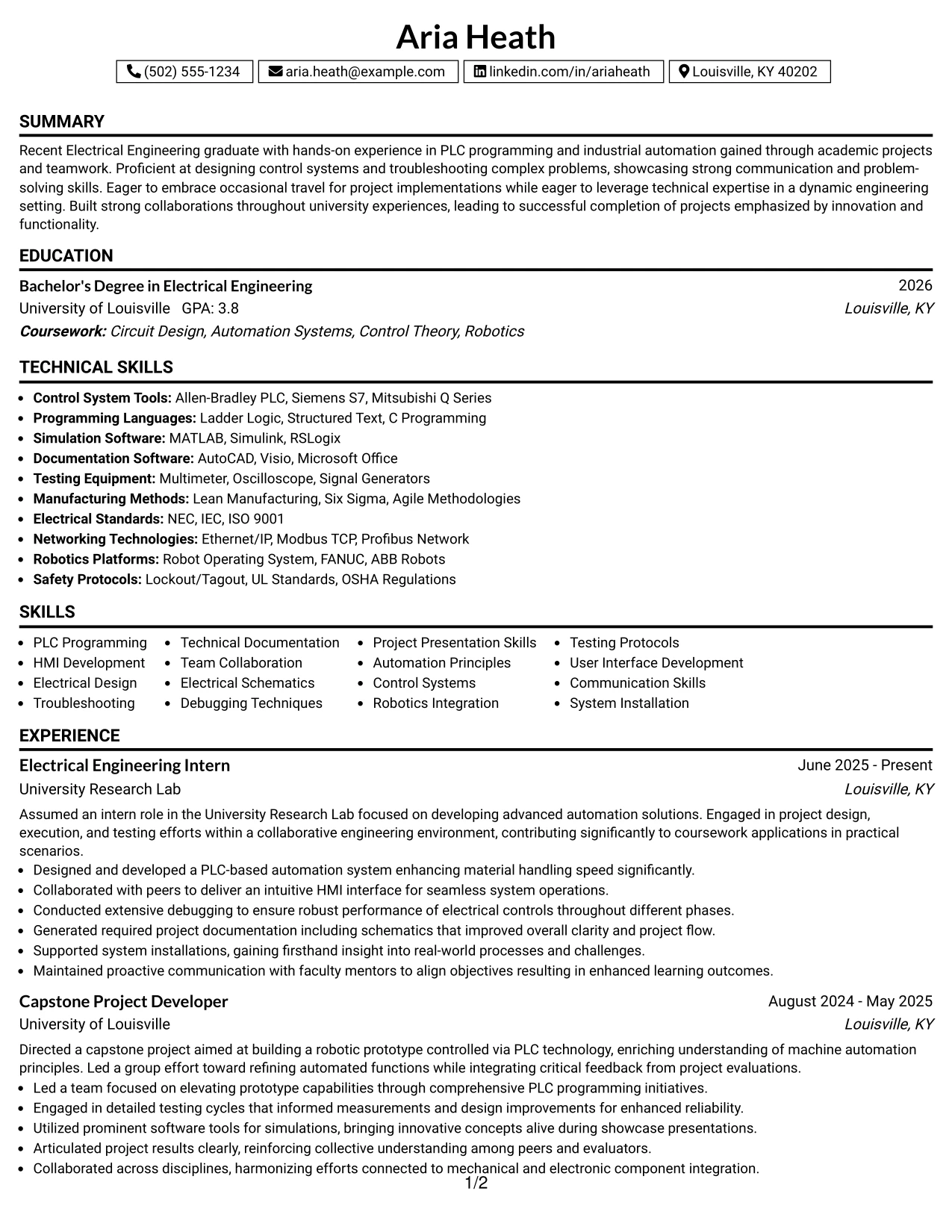Resume Example Page 1