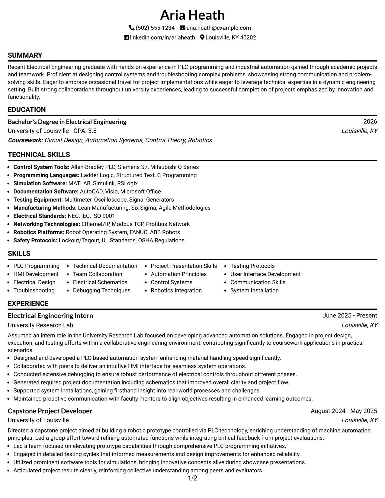 Resume Example Page 1