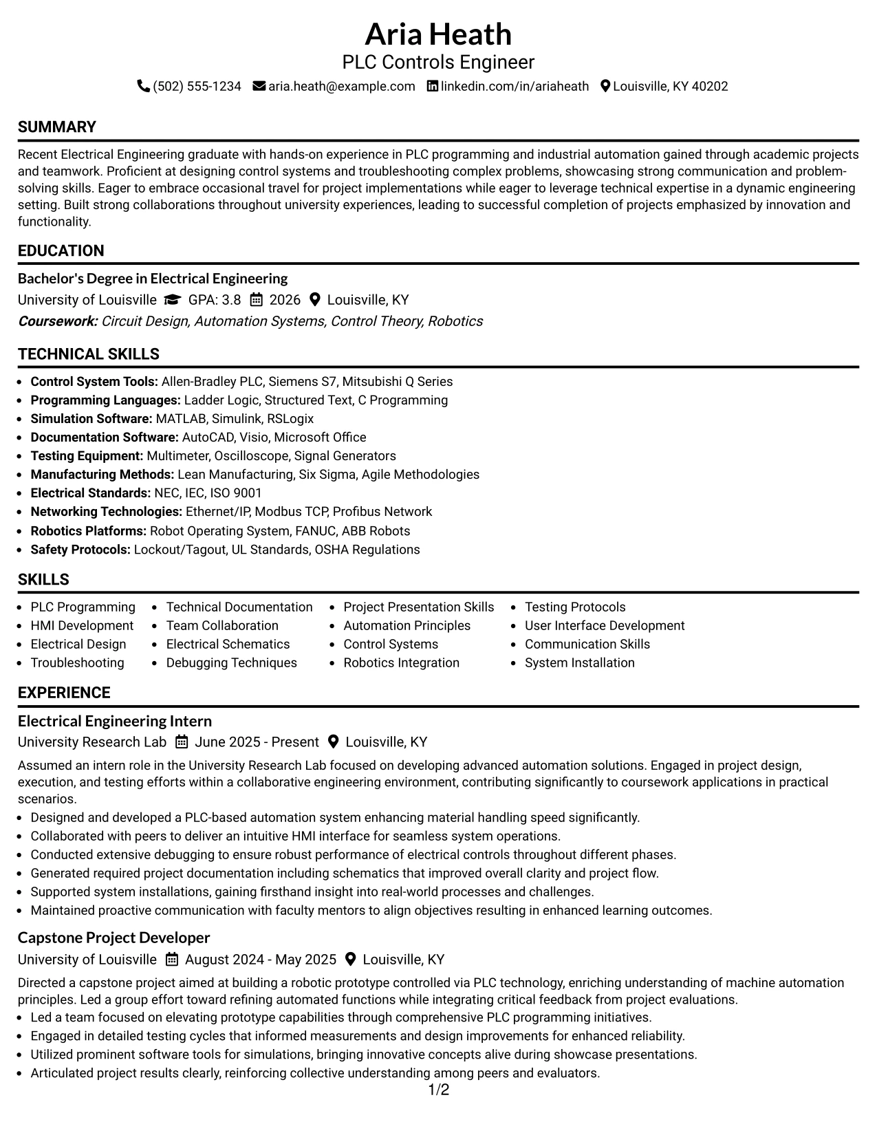 Resume Example Page 1