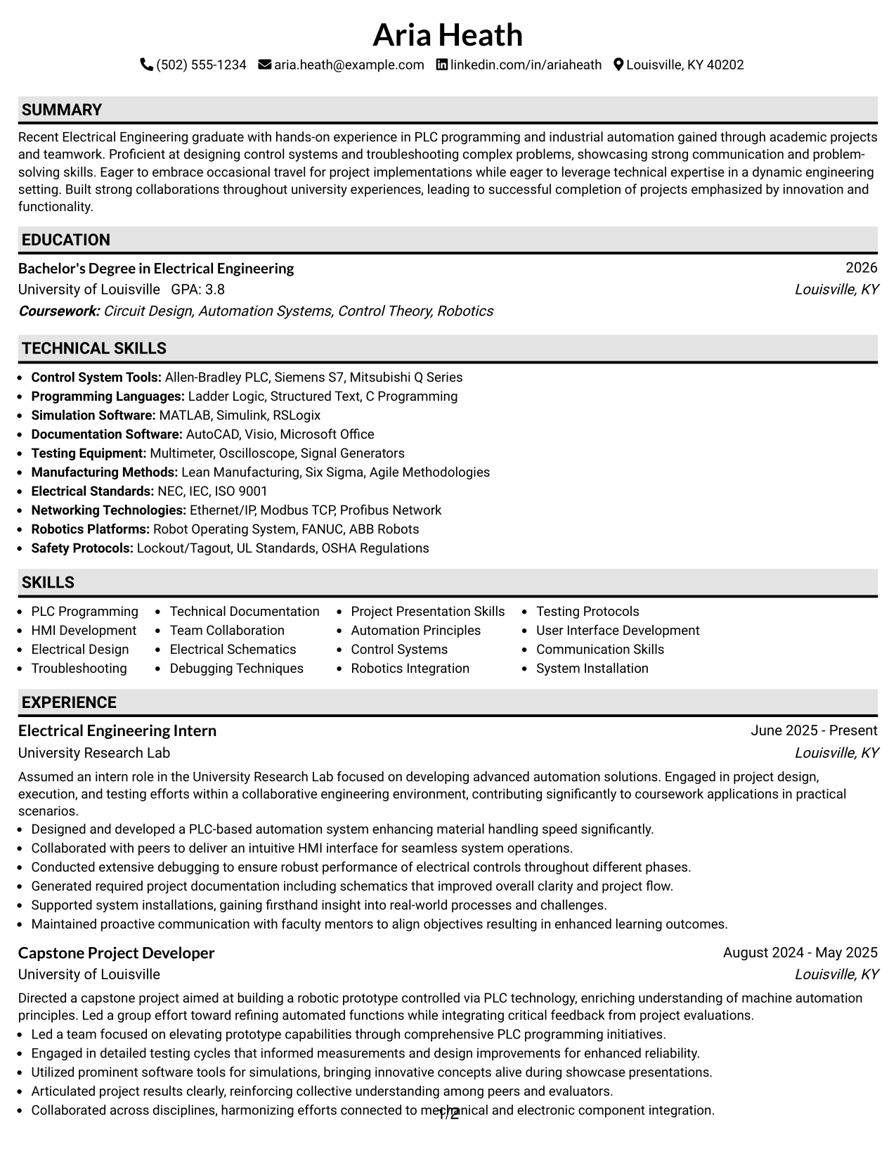 Resume Example Page 1