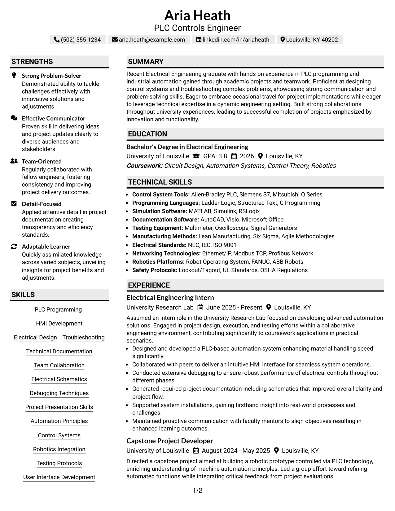 Resume Example Page 1