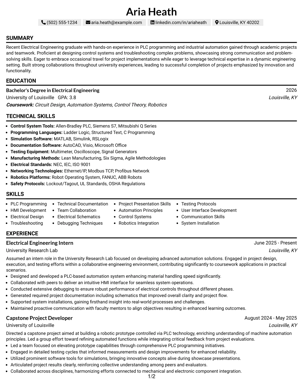 Resume Example Page 1