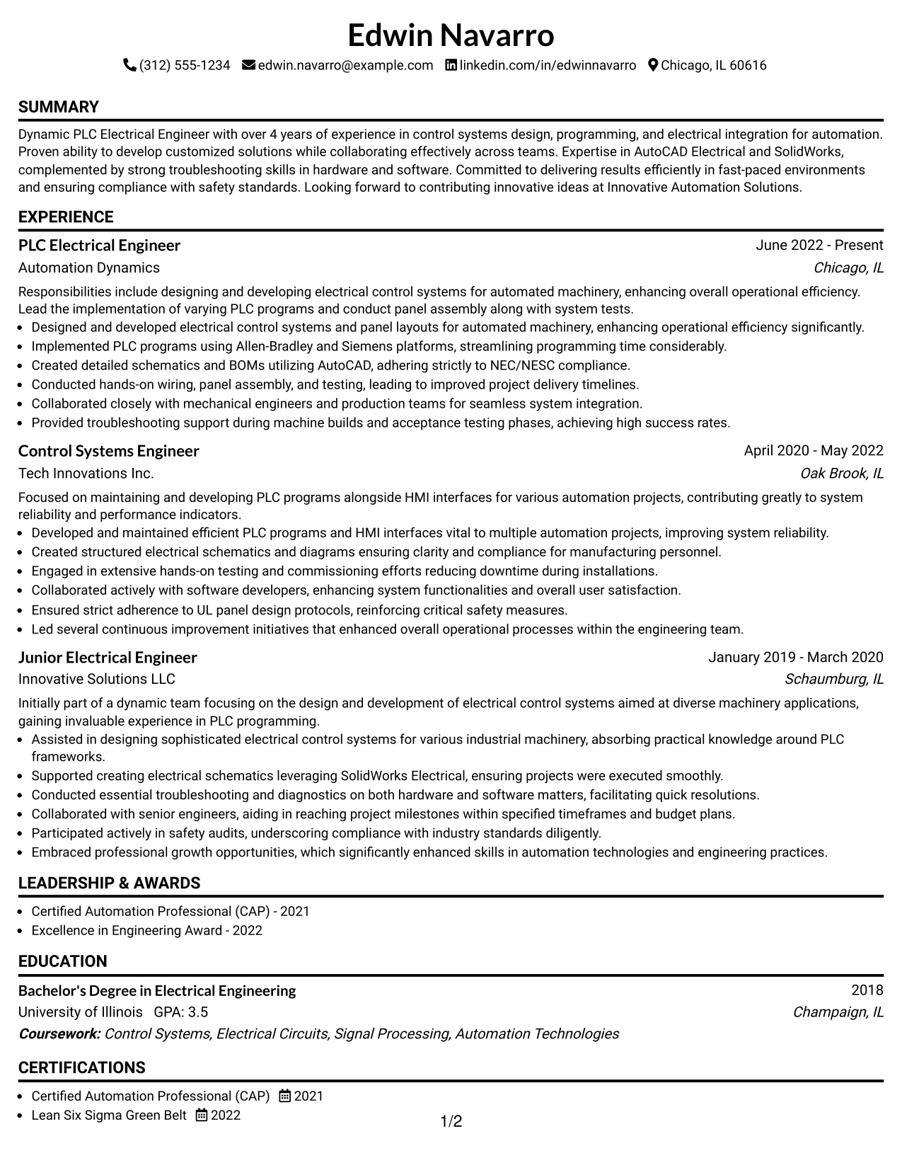 Resume Example Page 1