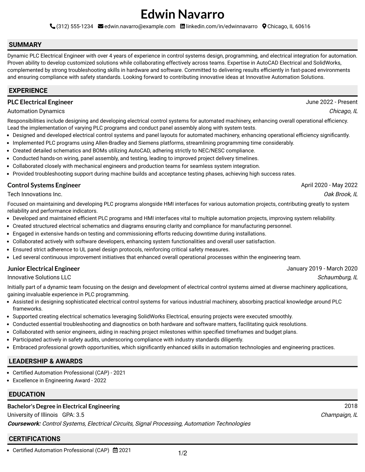 Resume Example Page 1