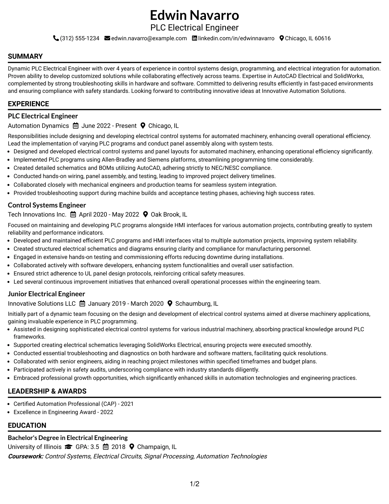 Resume Example Page 1