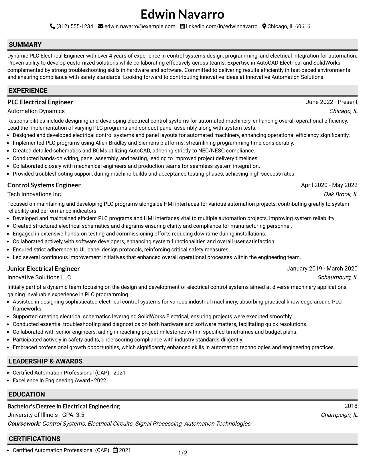 Resume Example Page 1
