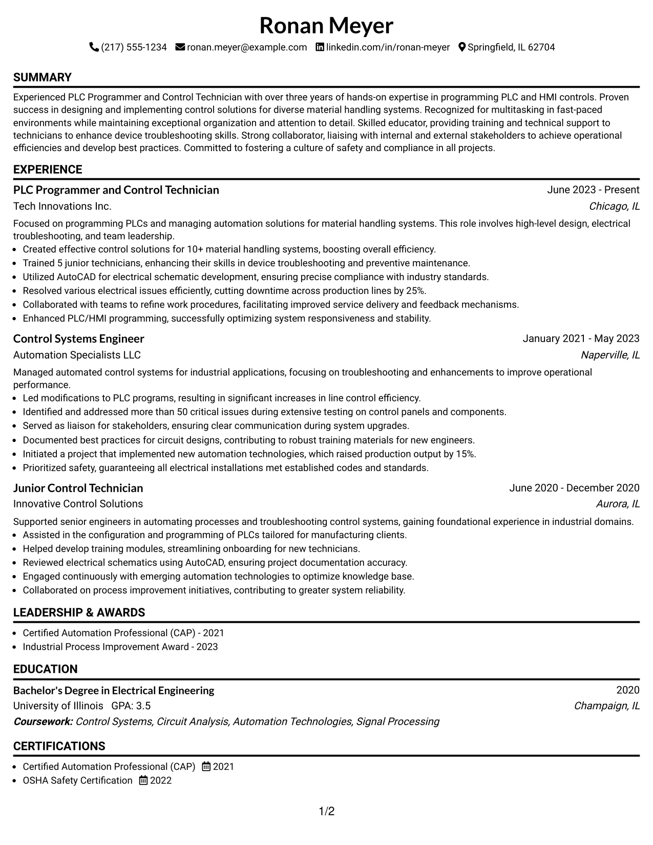 Resume Example Page 1