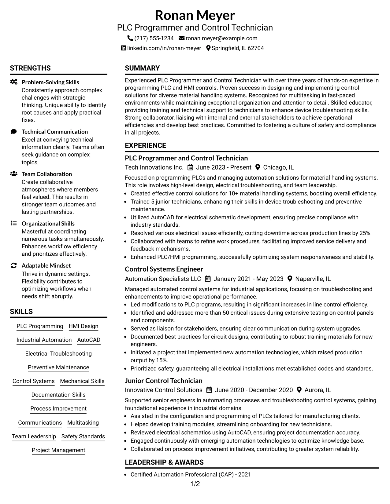 Resume Example Page 1
