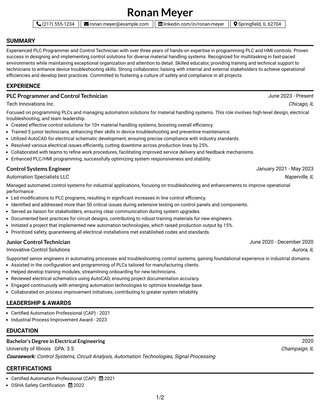 Resume Example Page 1