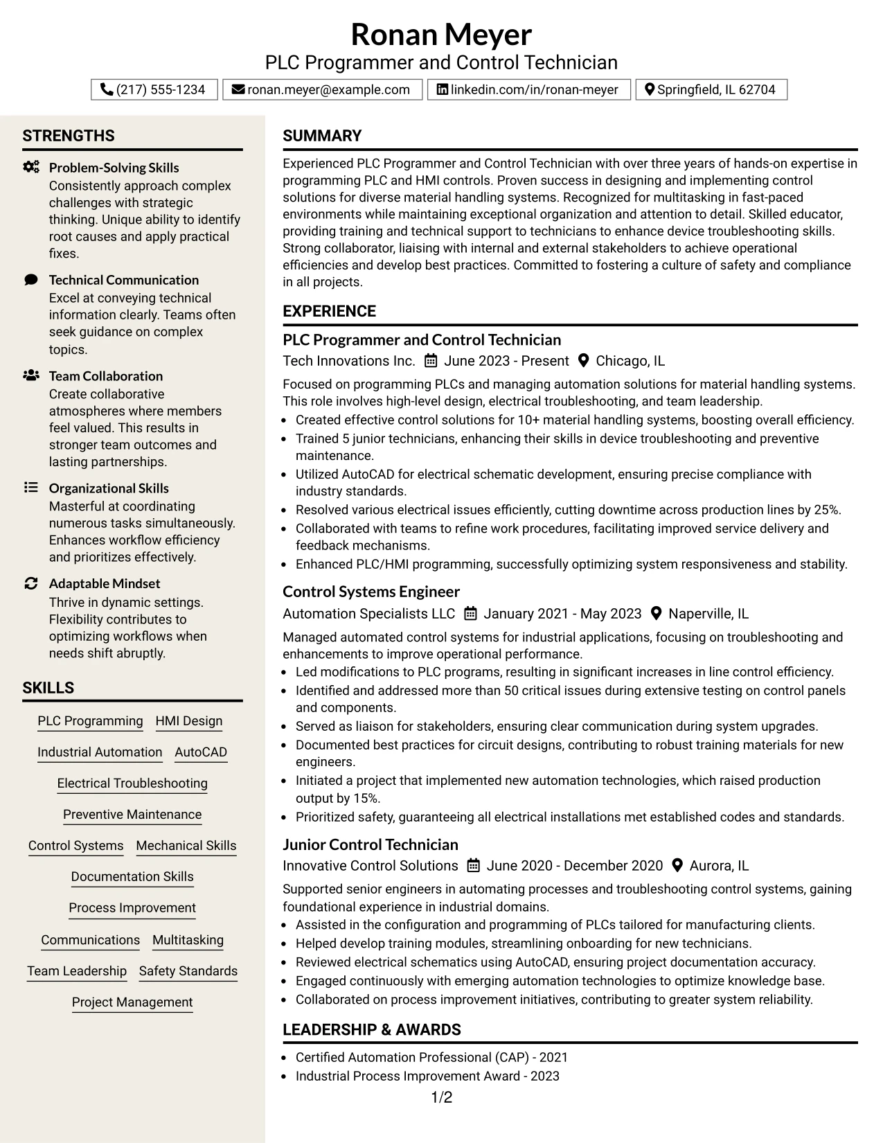 Resume Example Page 1