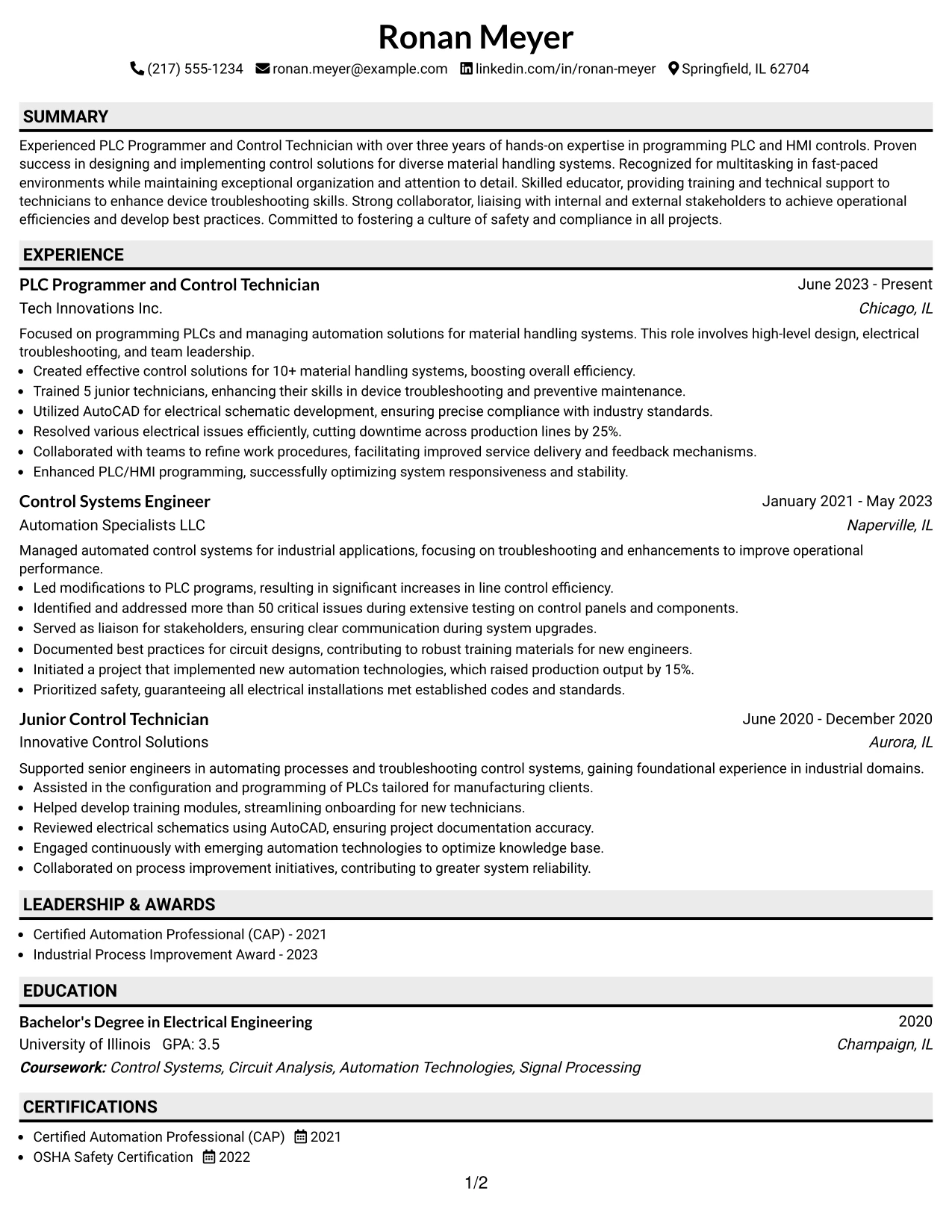 Resume Example Page 1