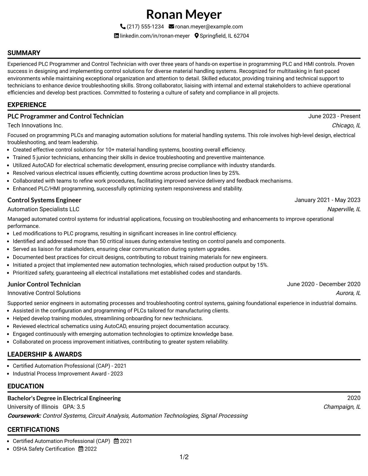 Resume Example Page 1