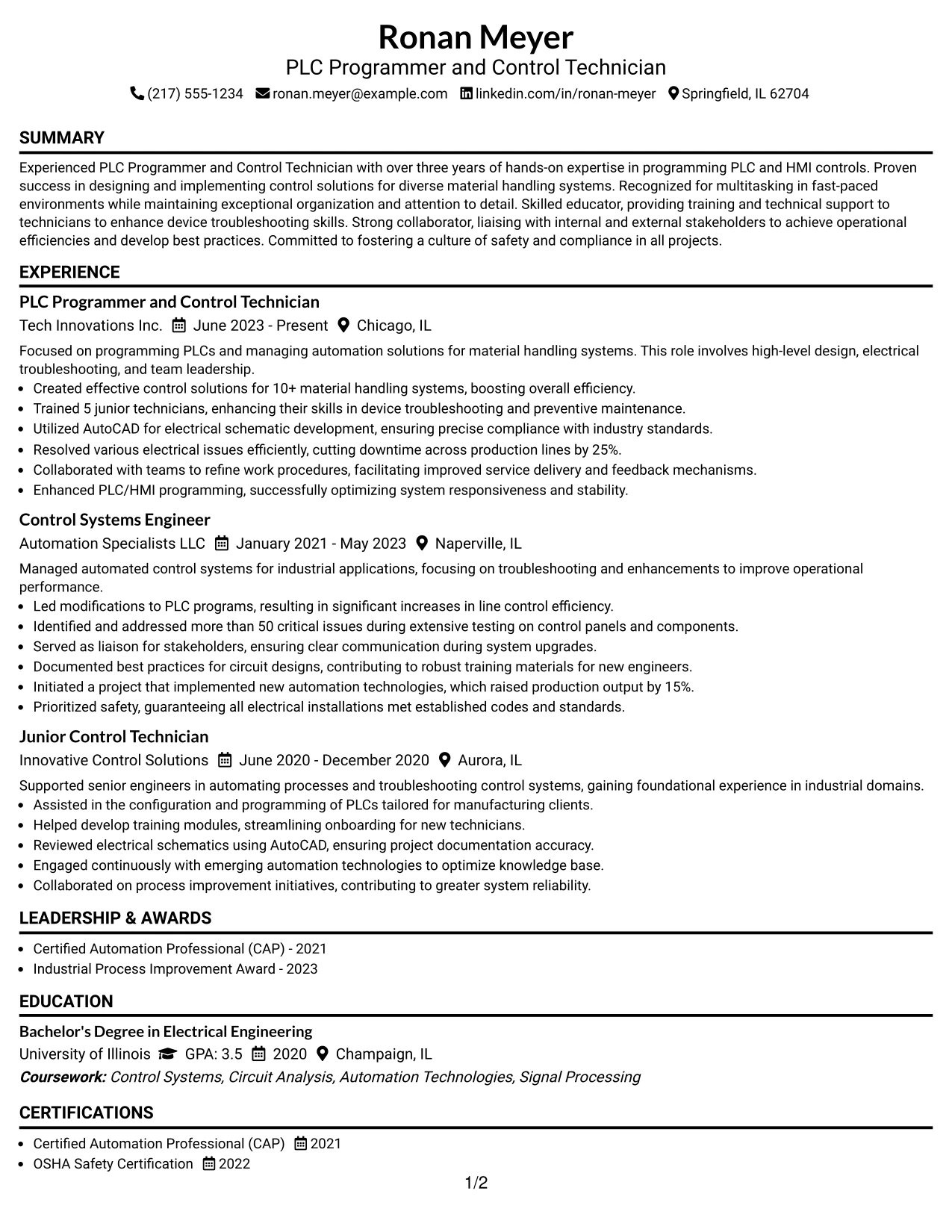 Resume Example Page 1