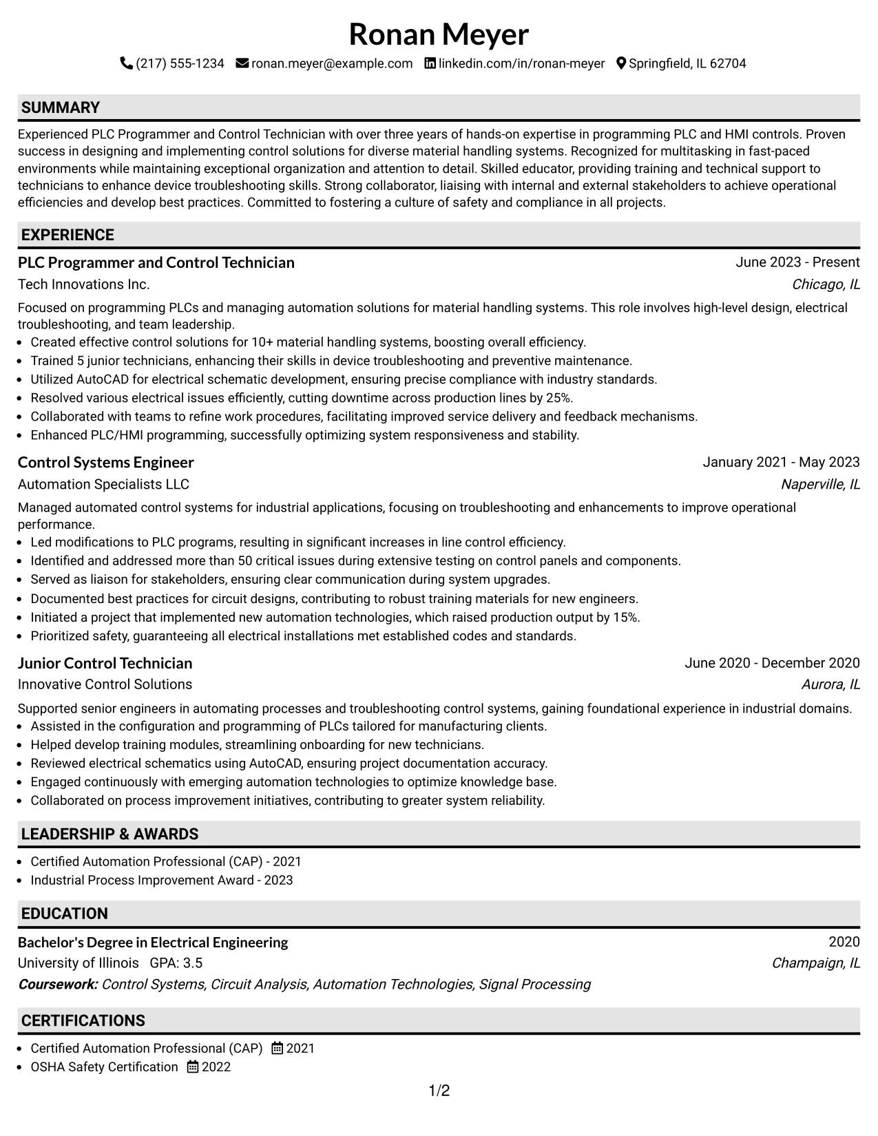 Resume Example Page 1