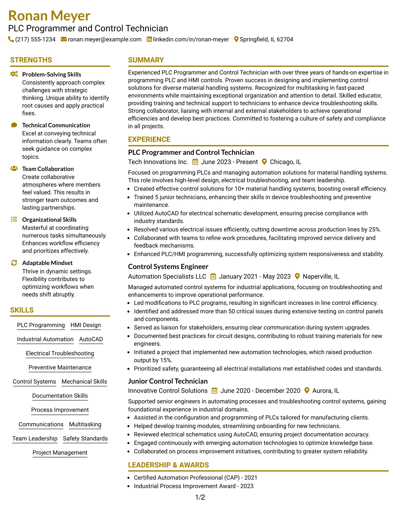 Resume Example Page 1