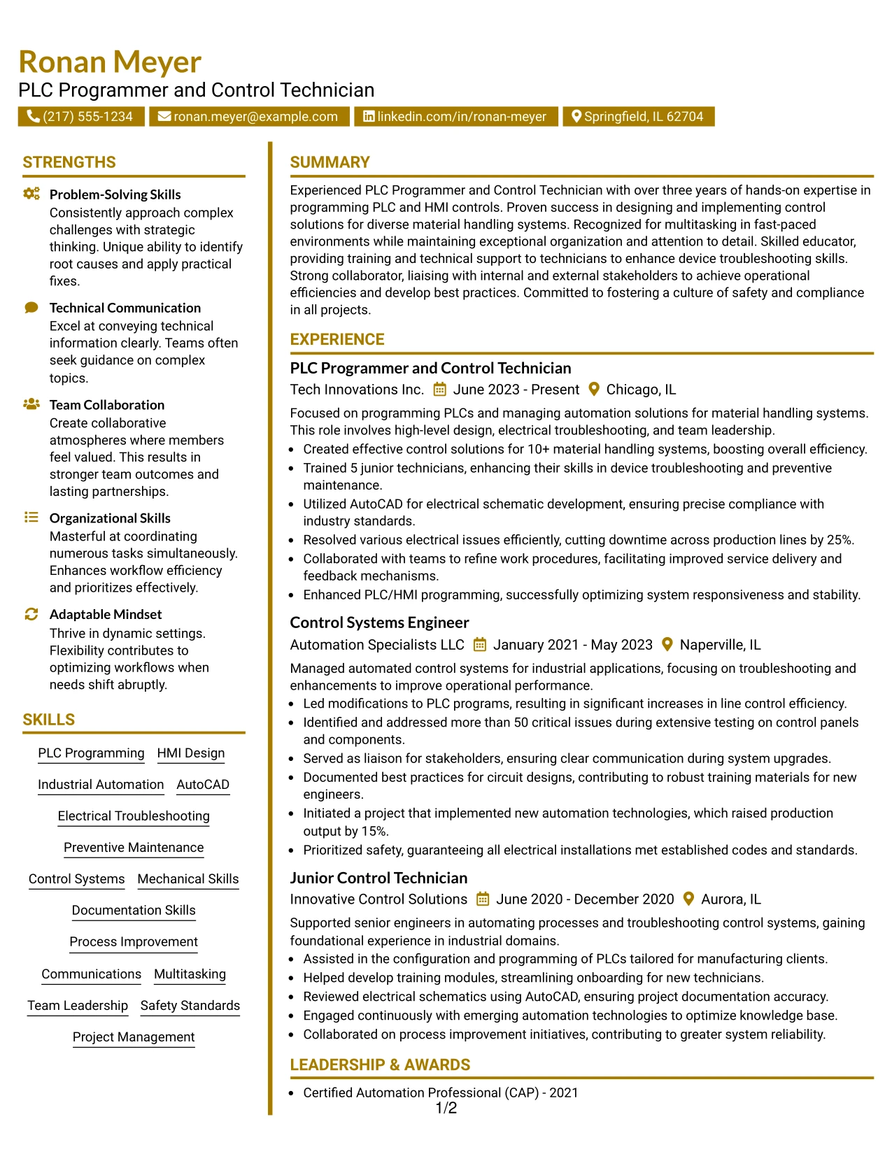 Resume Example Page 1