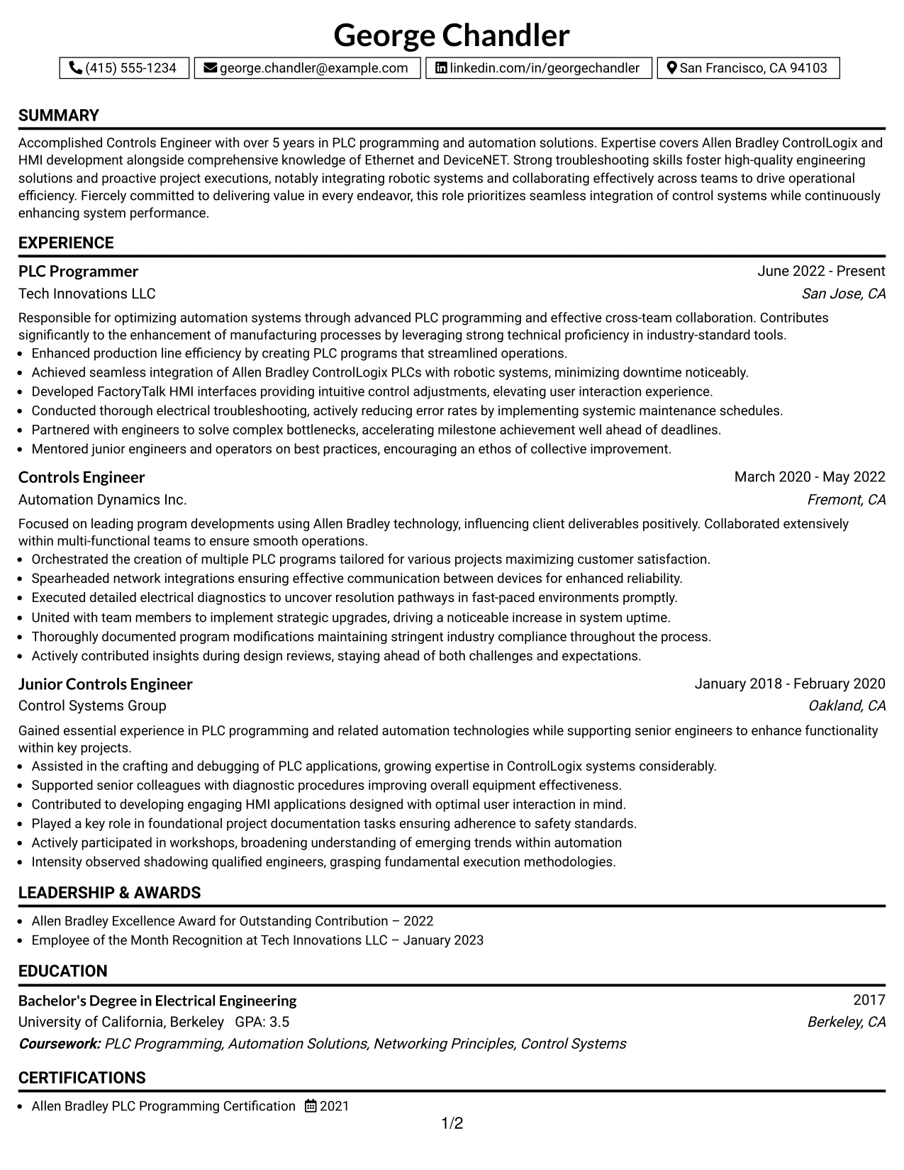 Resume Example Page 1