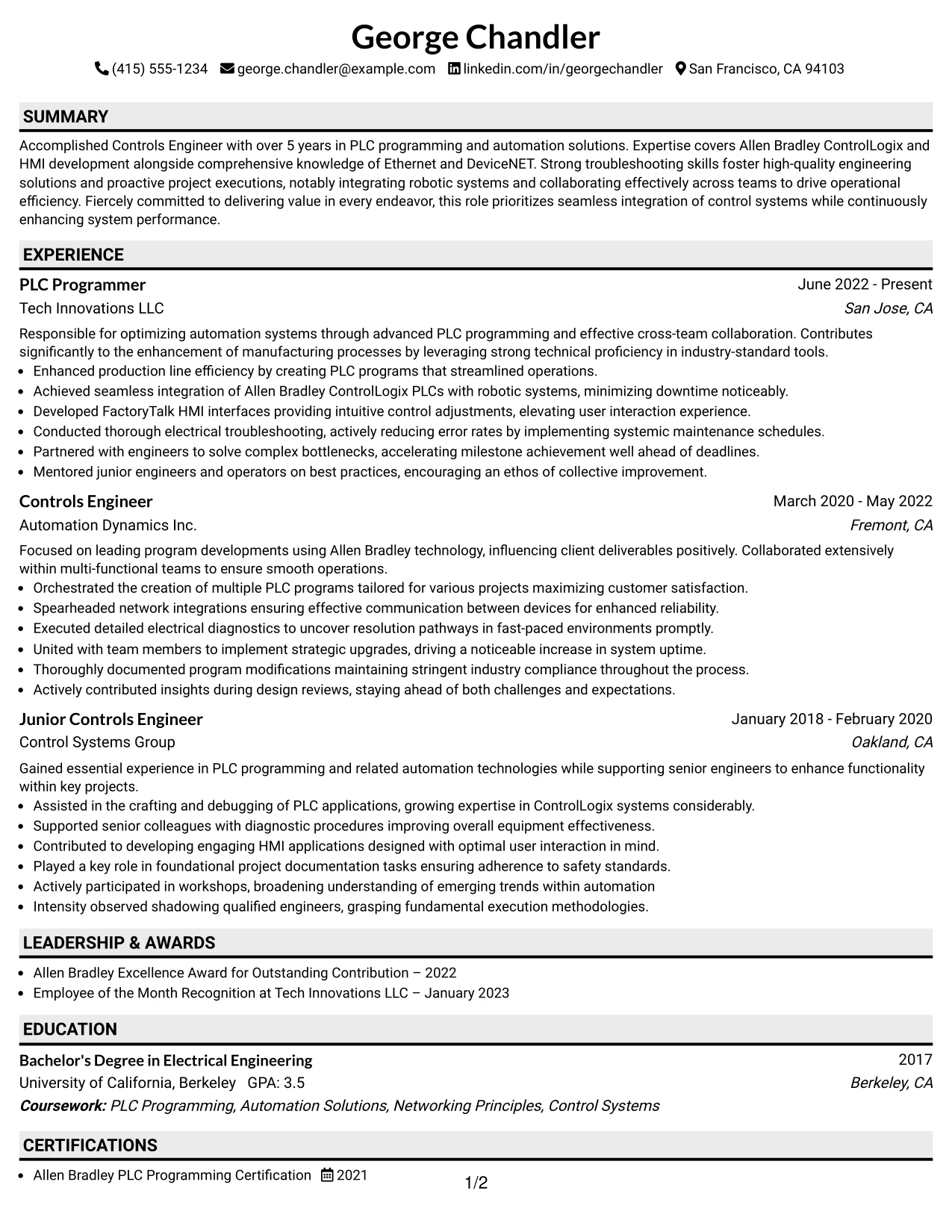 Resume Example Page 1