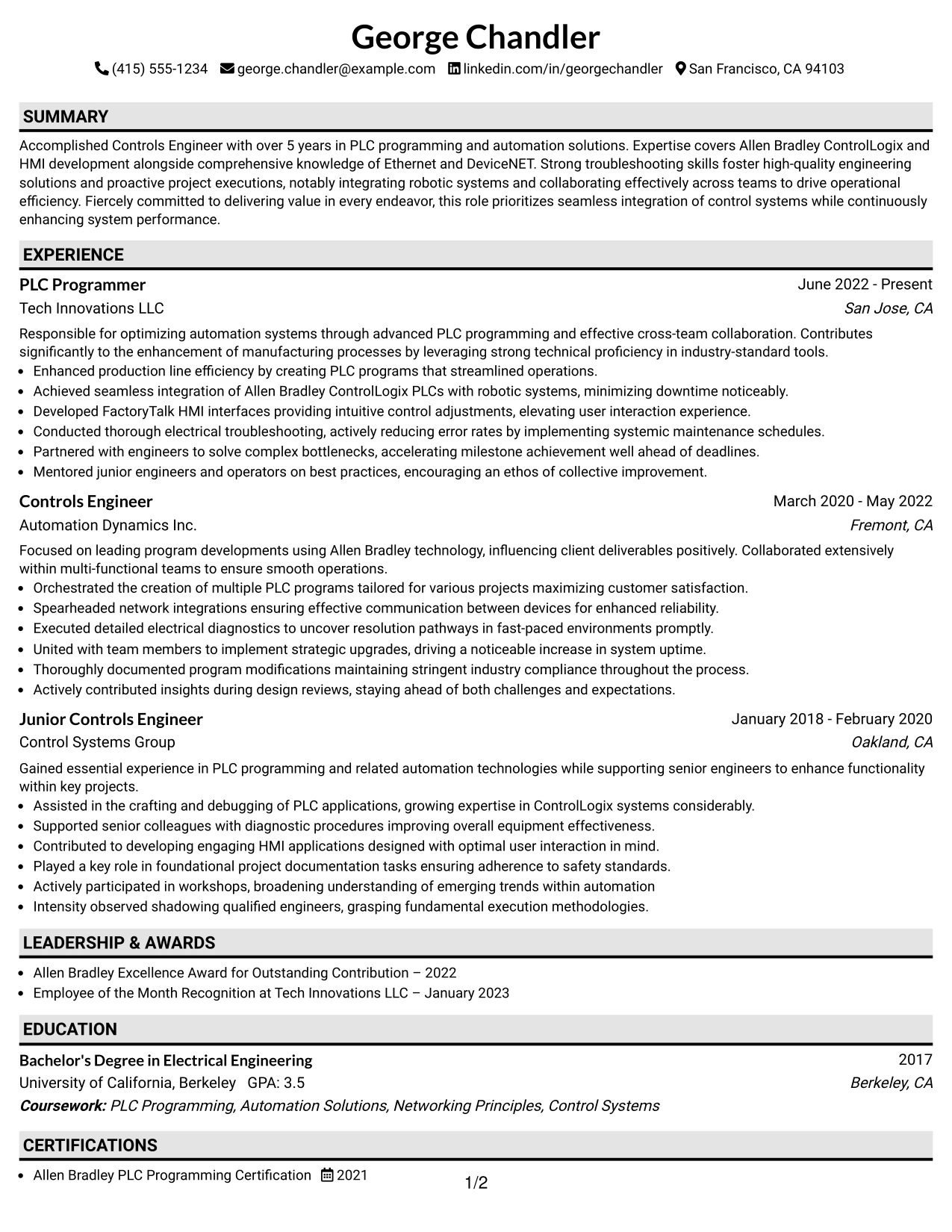 Resume Example Page 1