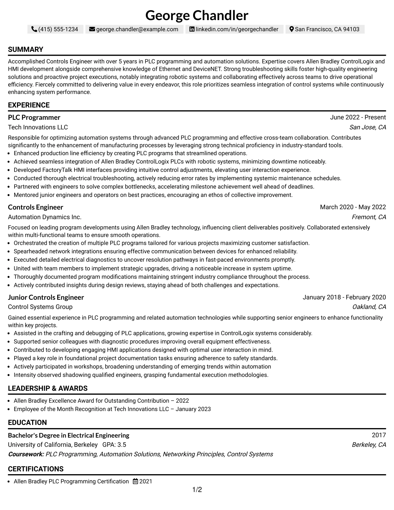 Resume Example Page 1