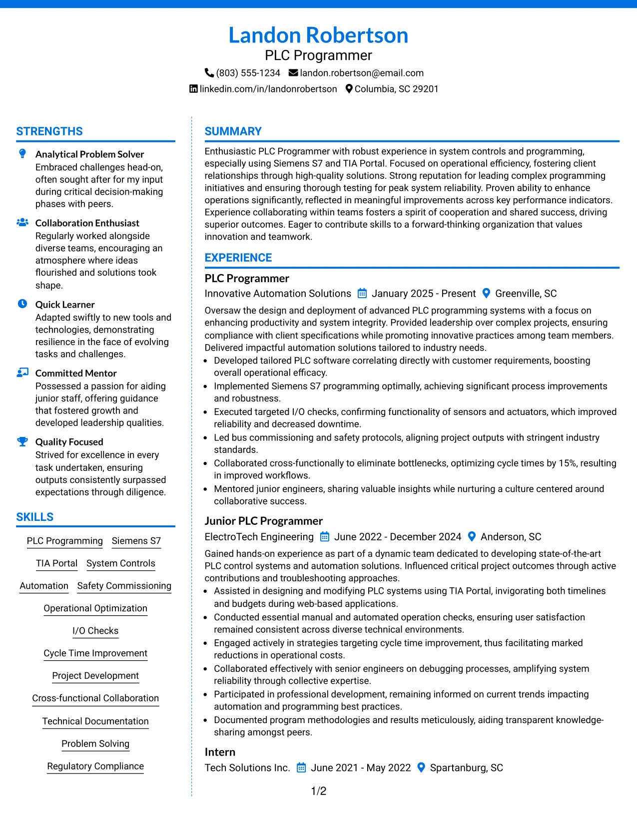 Resume Example Page 1