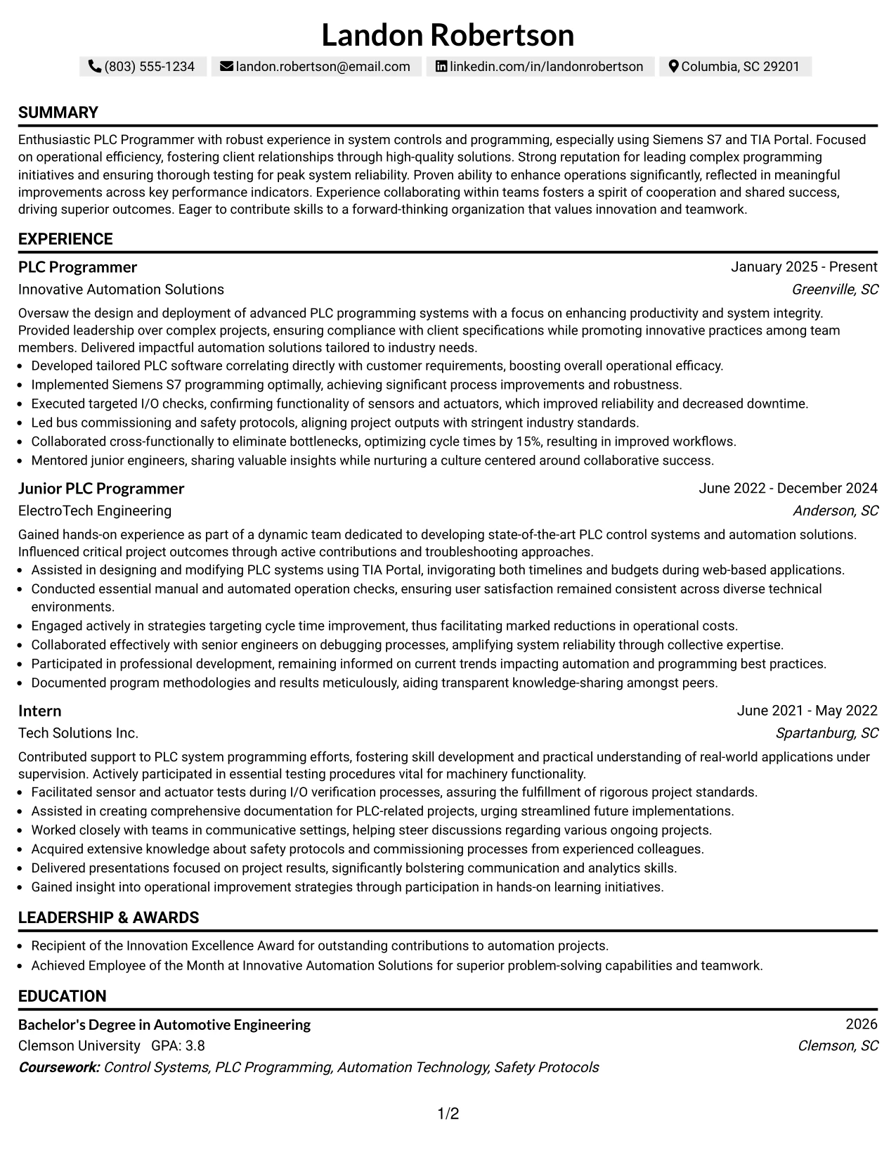 Resume Example Page 1