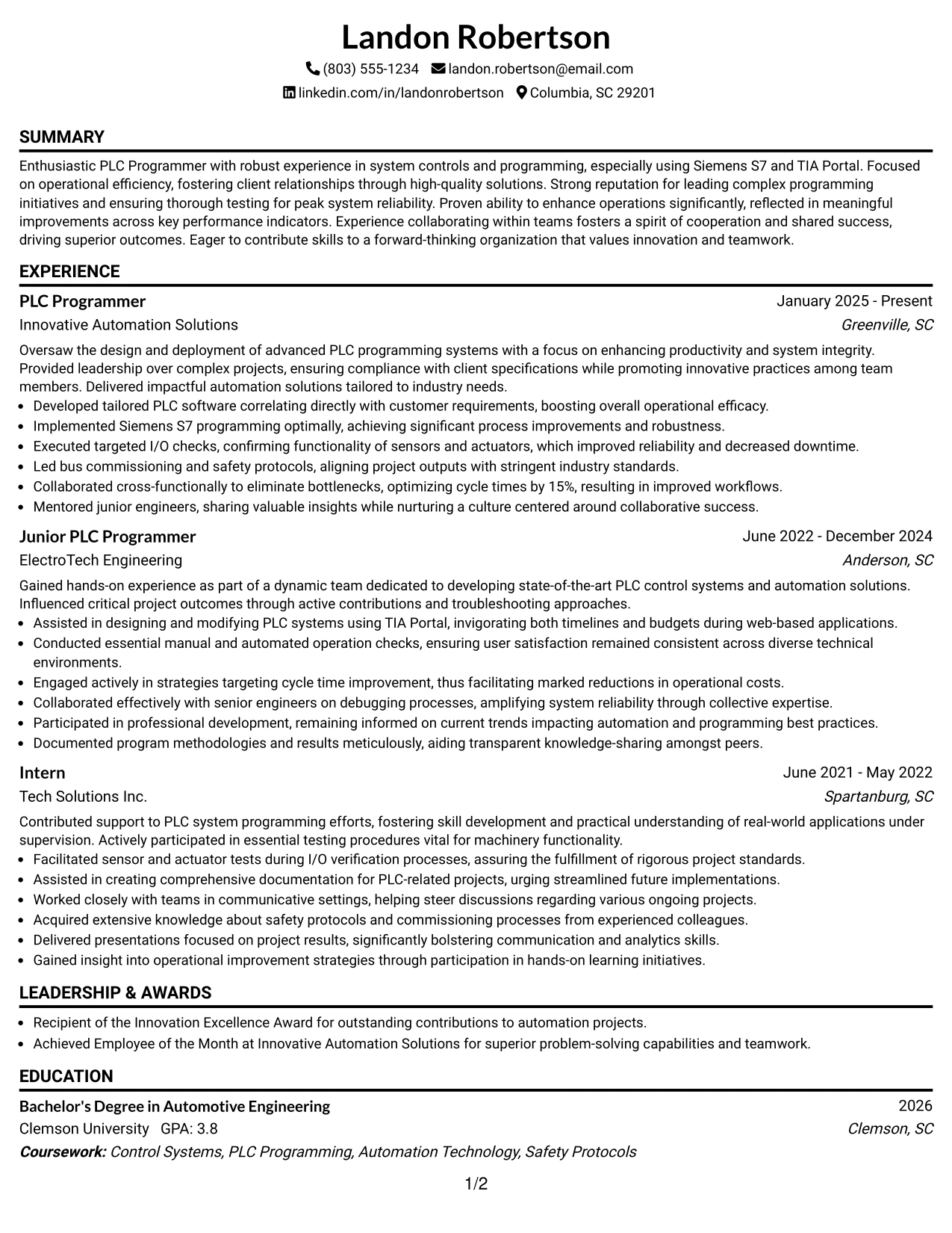 Resume Example Page 1
