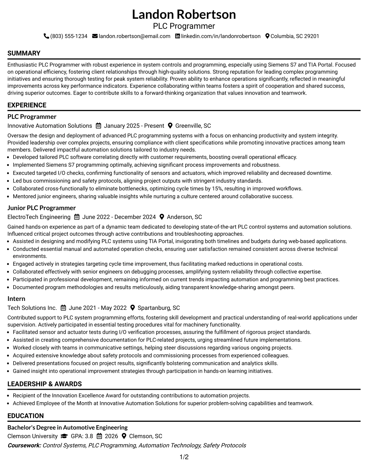 Resume Example Page 1
