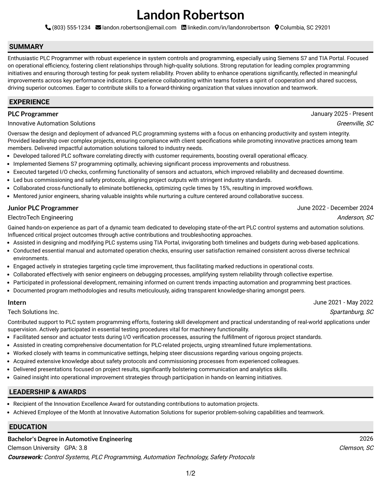 Resume Example Page 1