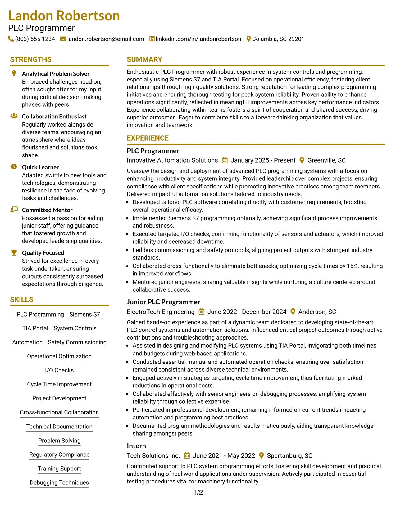 Resume Example Page 1