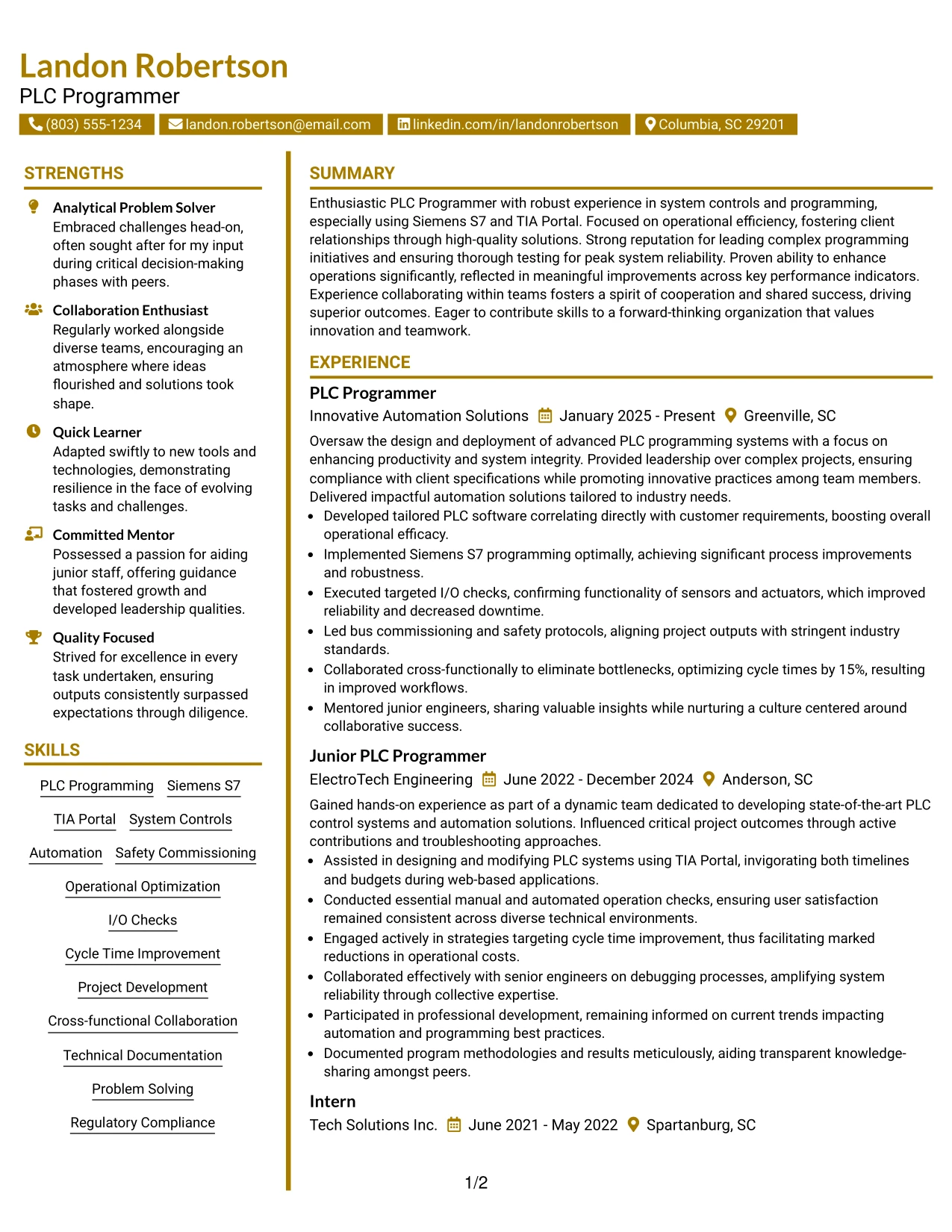 Resume Example Page 1