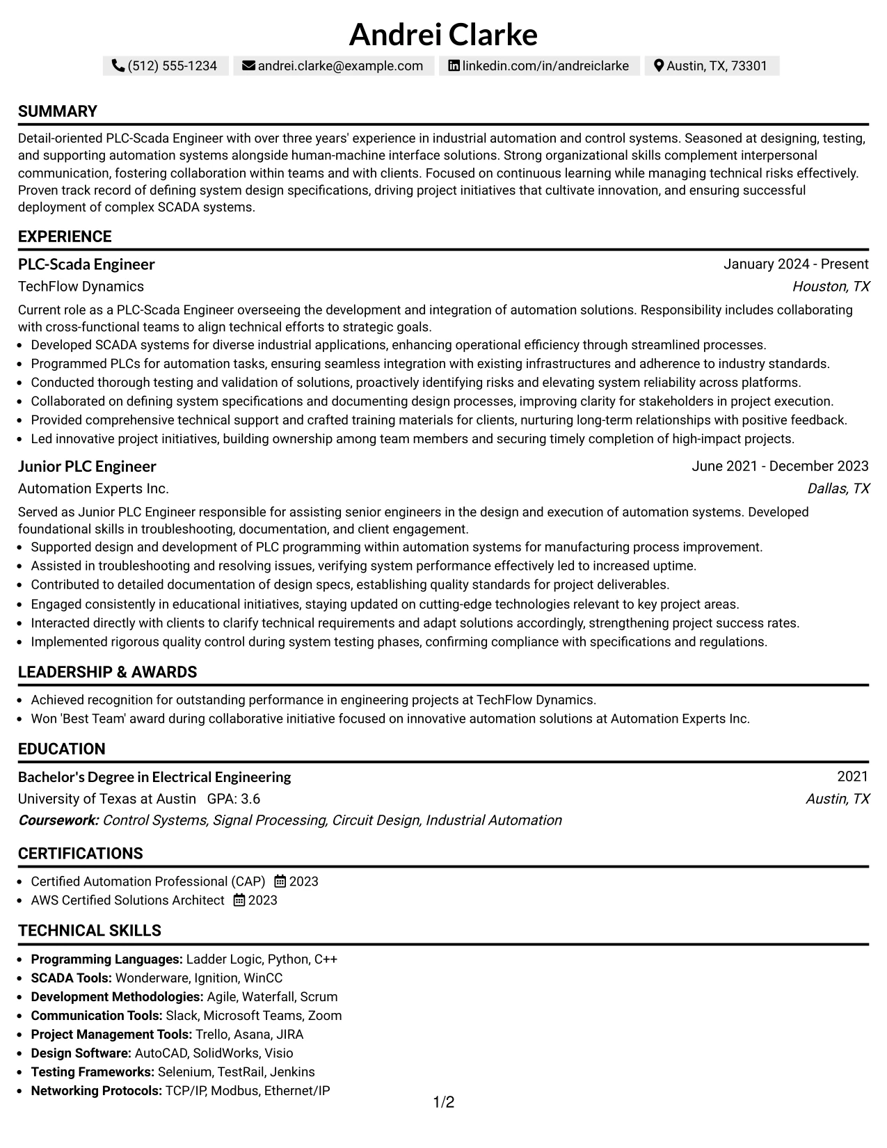 Resume Example Page 1