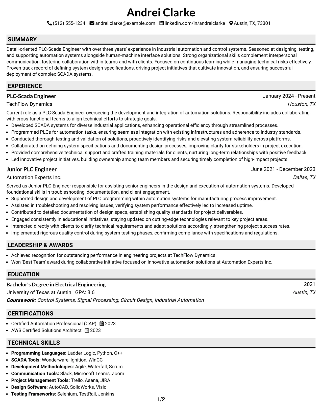 Resume Example Page 1