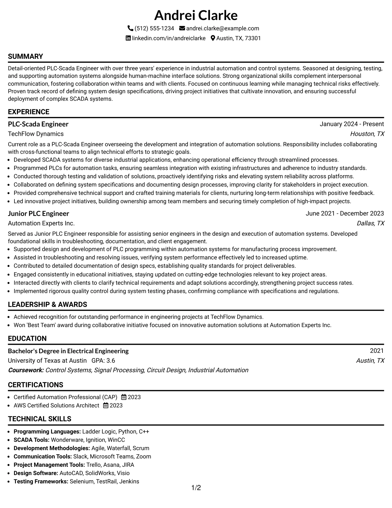Resume Example Page 1