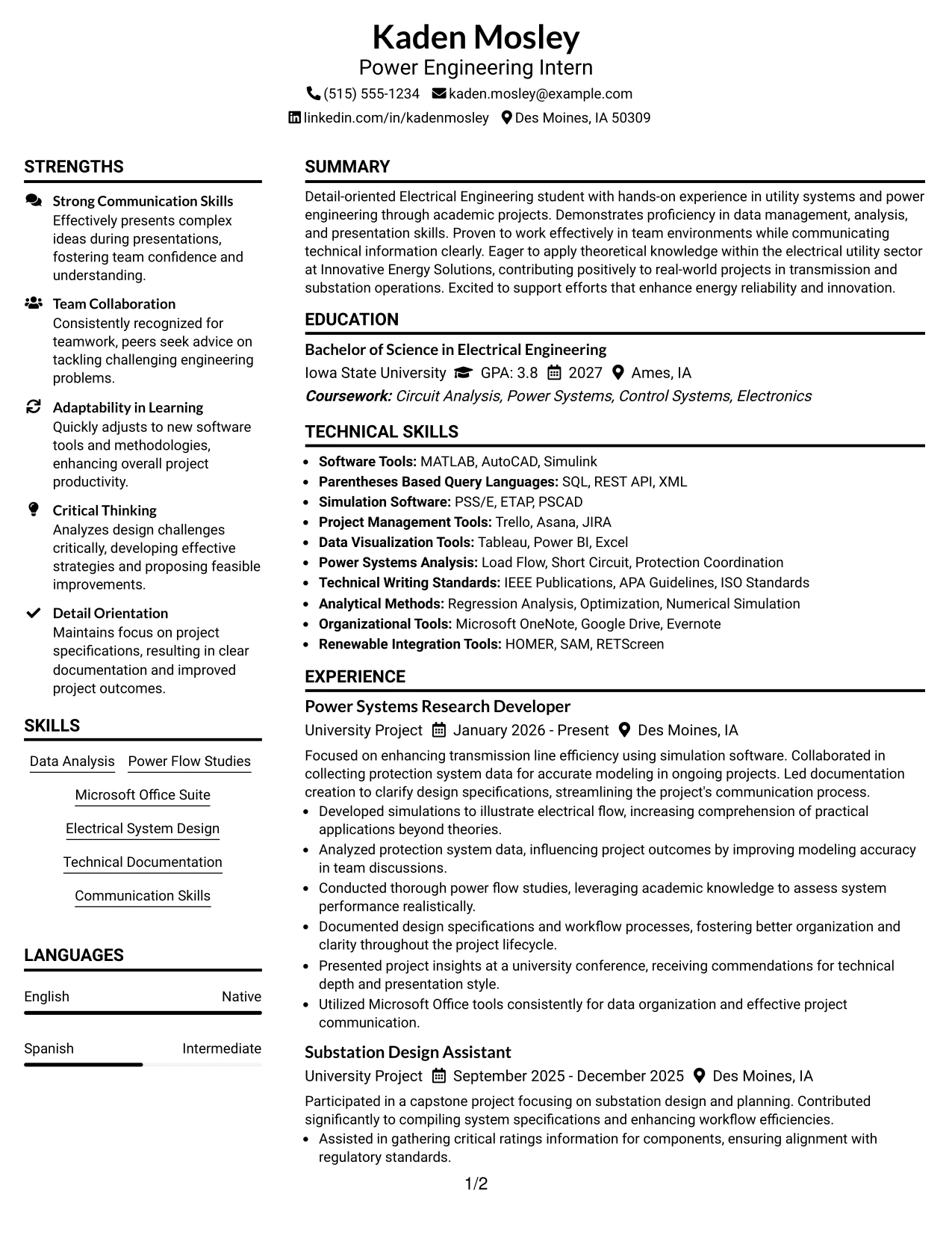 Resume Example Page 1