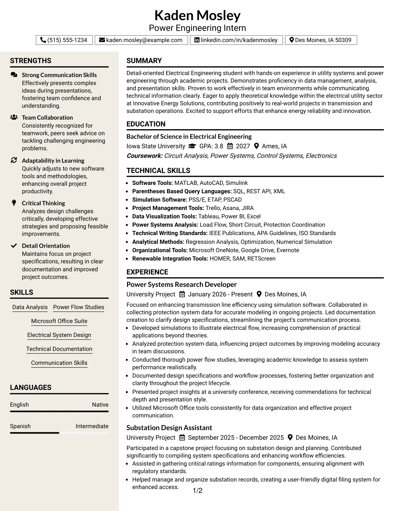 Resume Example Page 1