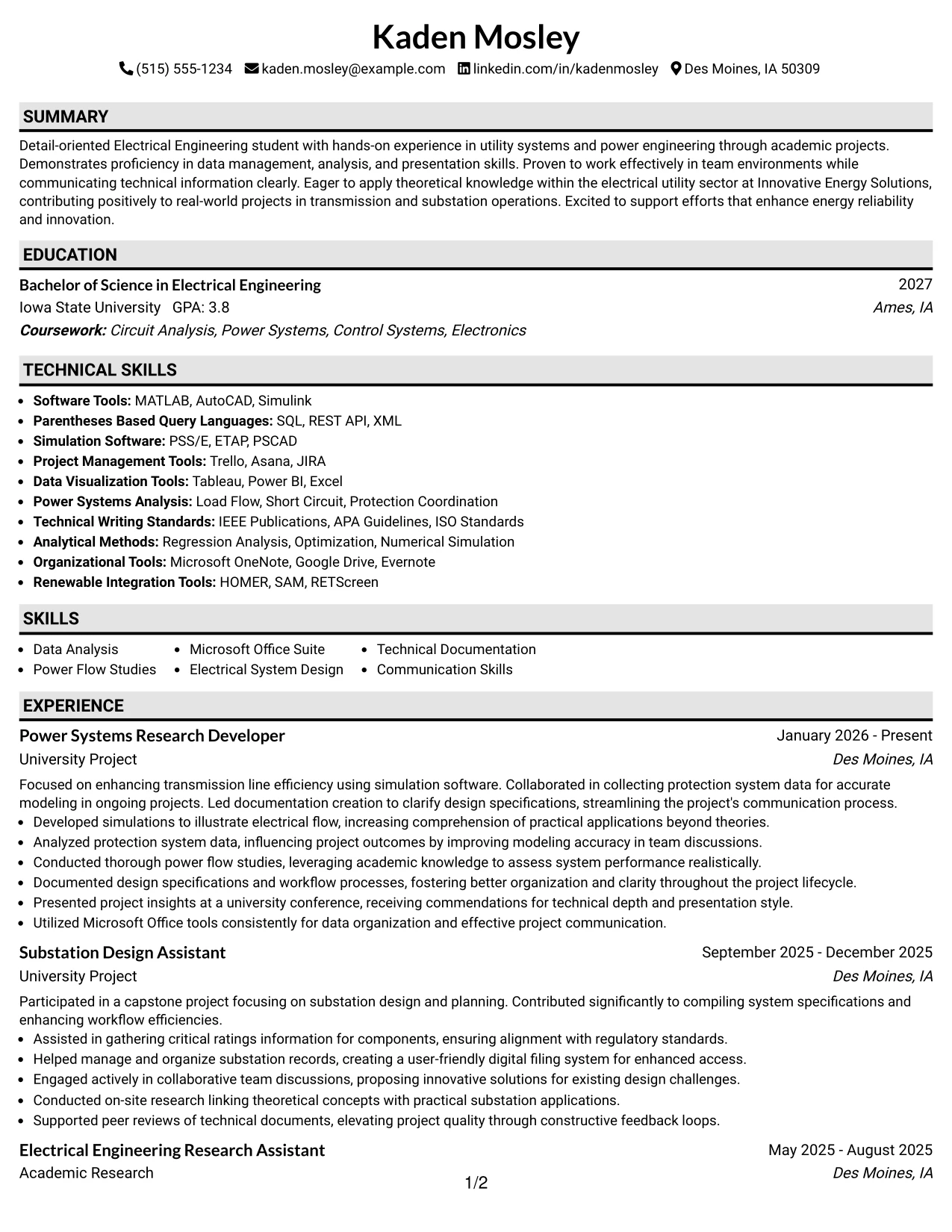 Resume Example Page 1