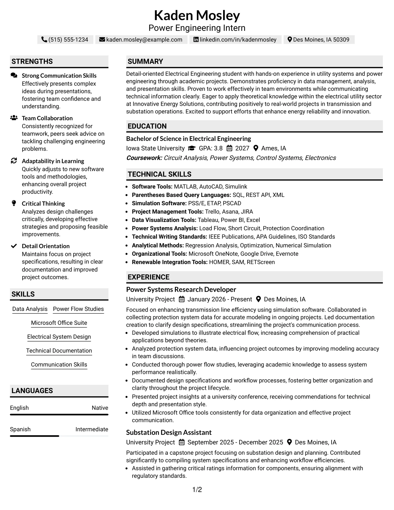 Resume Example Page 1