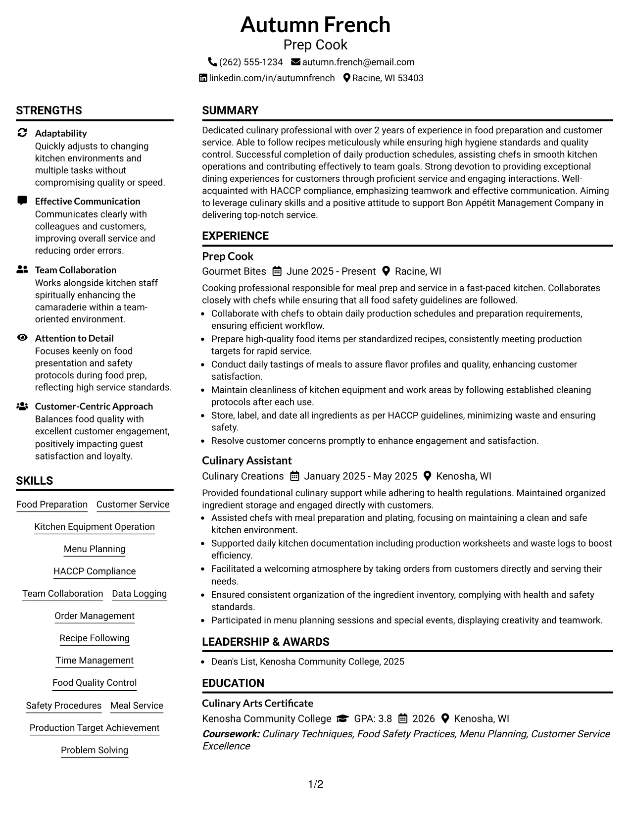 Resume Example Page 1