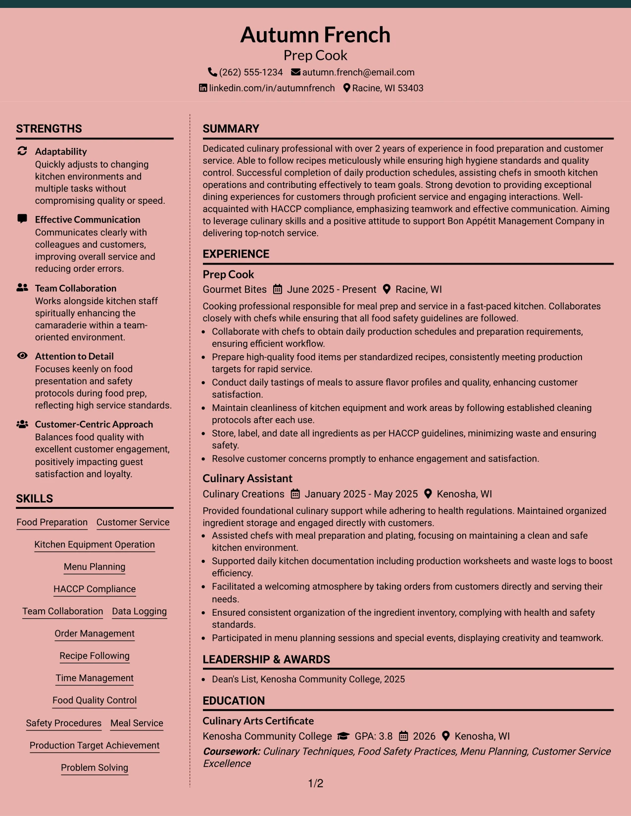 Resume Example Page 1