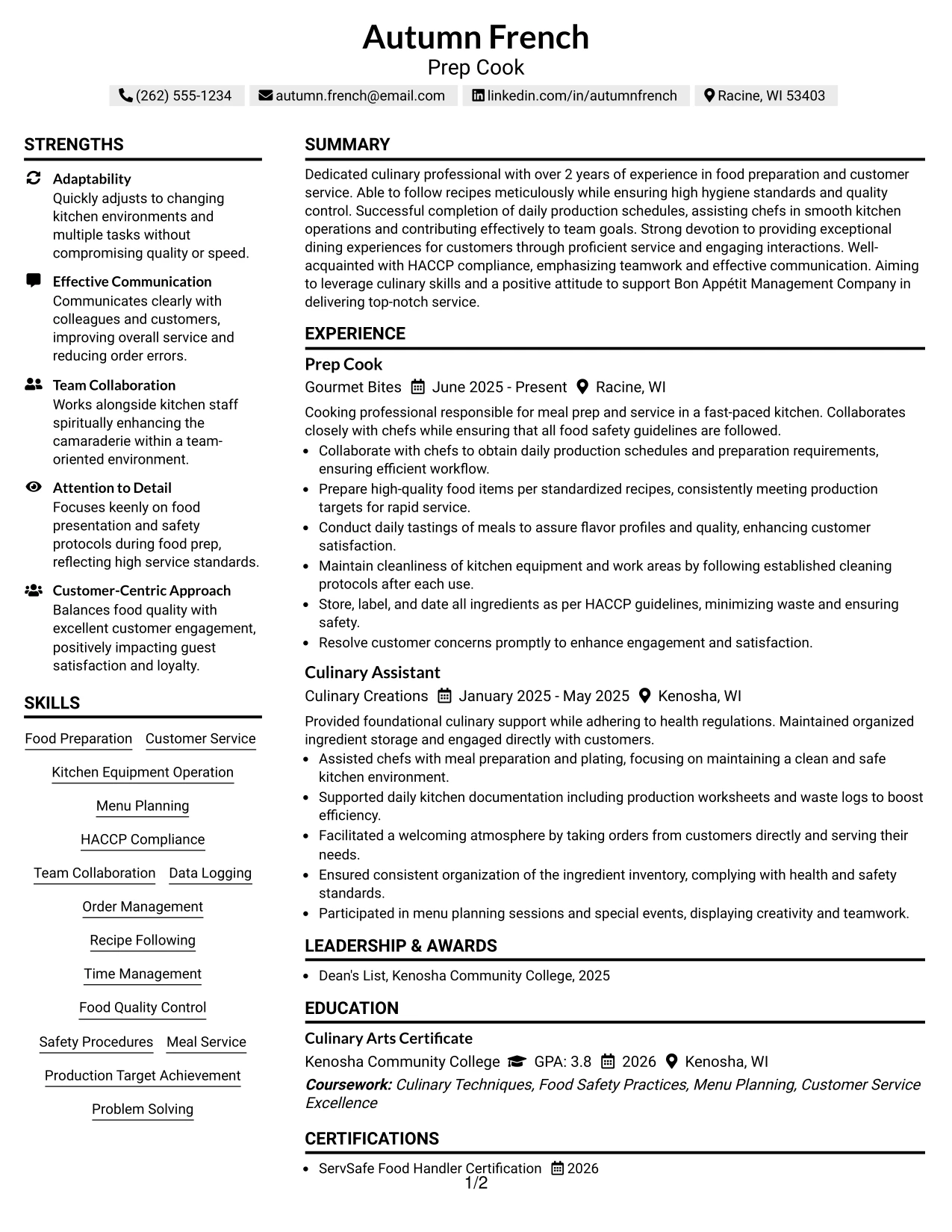 Resume Example Page 1