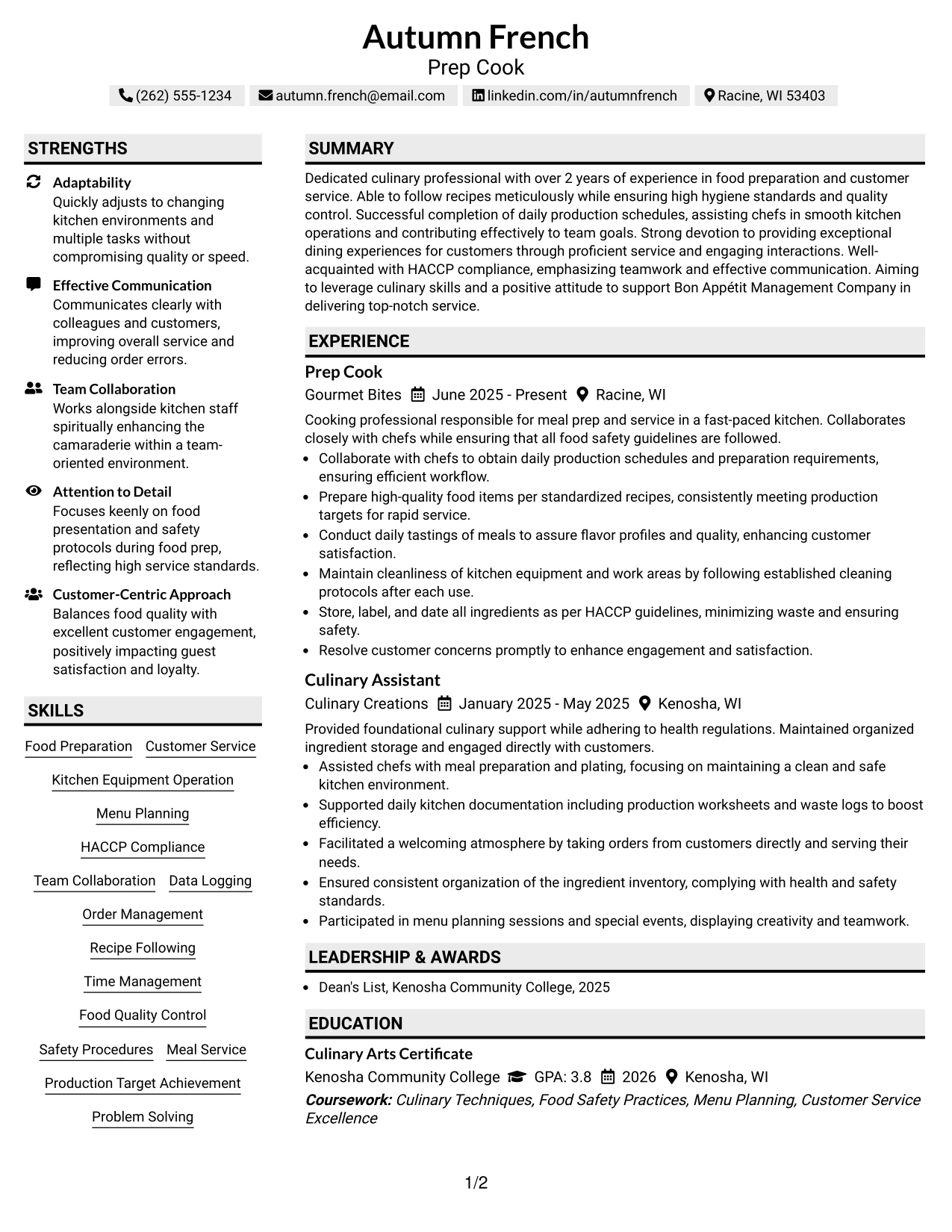Resume Example Page 1