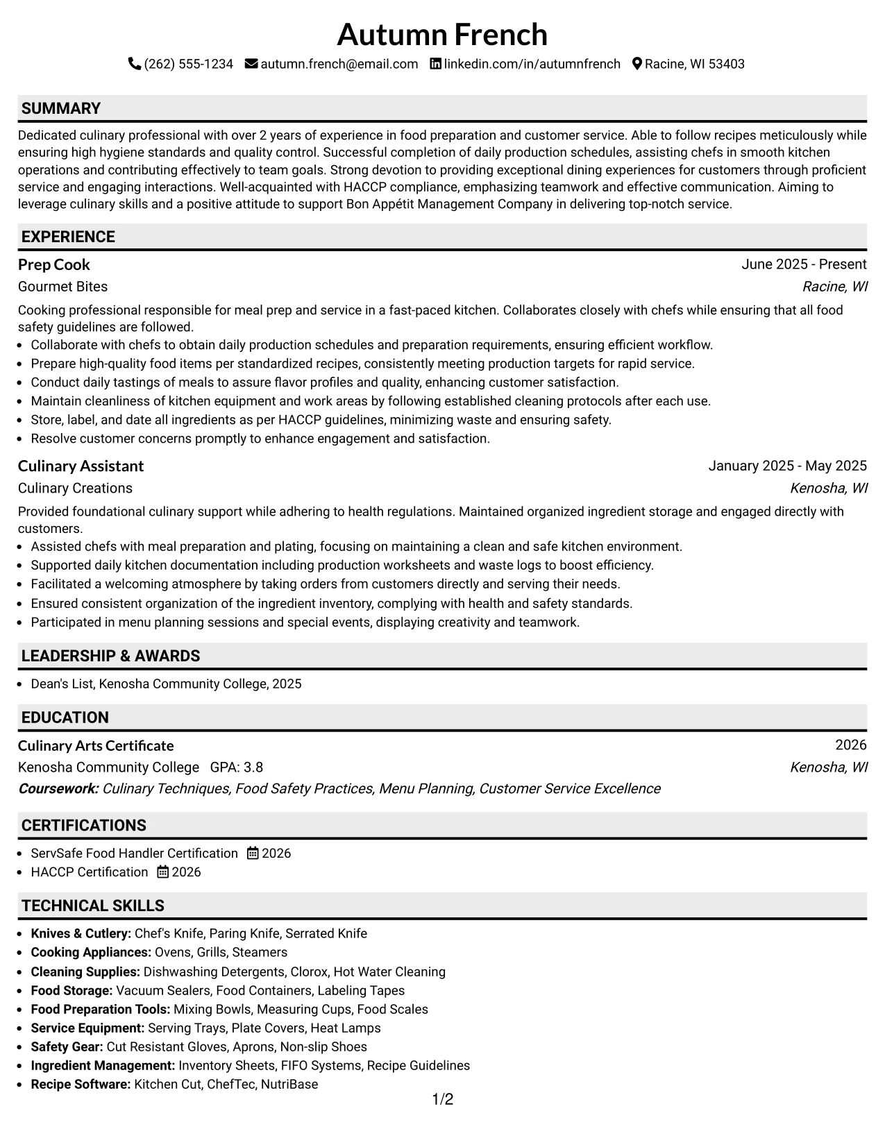 Resume Example Page 1