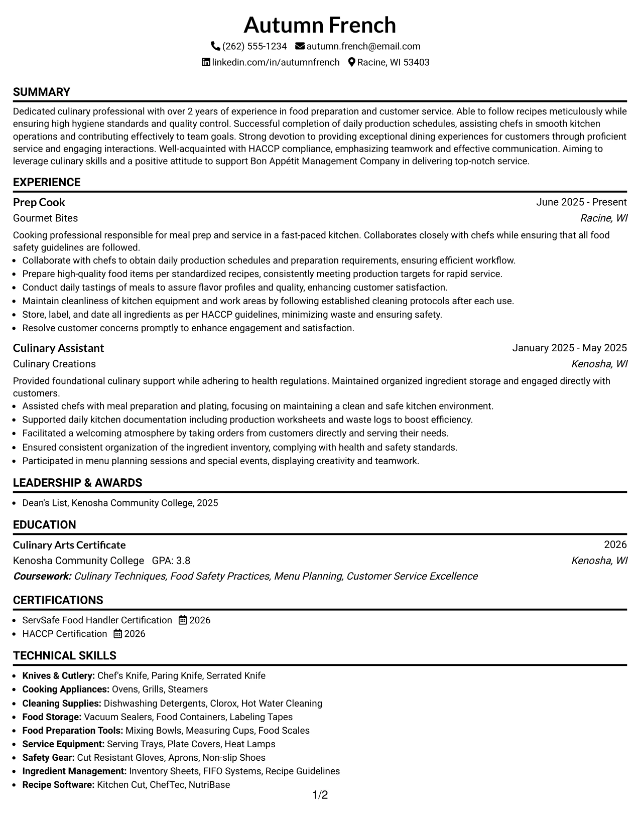 Resume Example Page 1