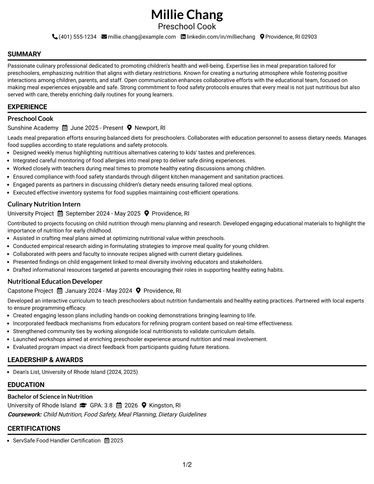 Resume Example Page 1