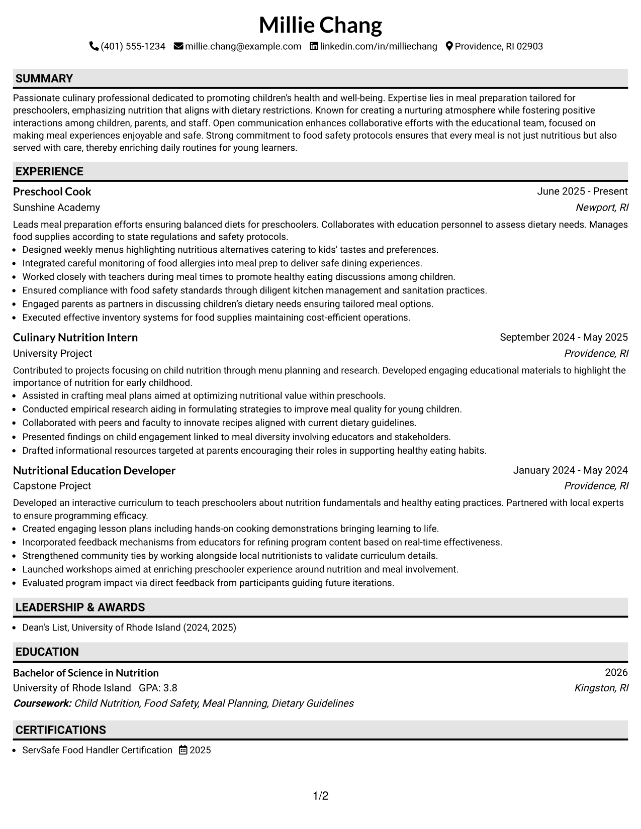 Resume Example Page 1