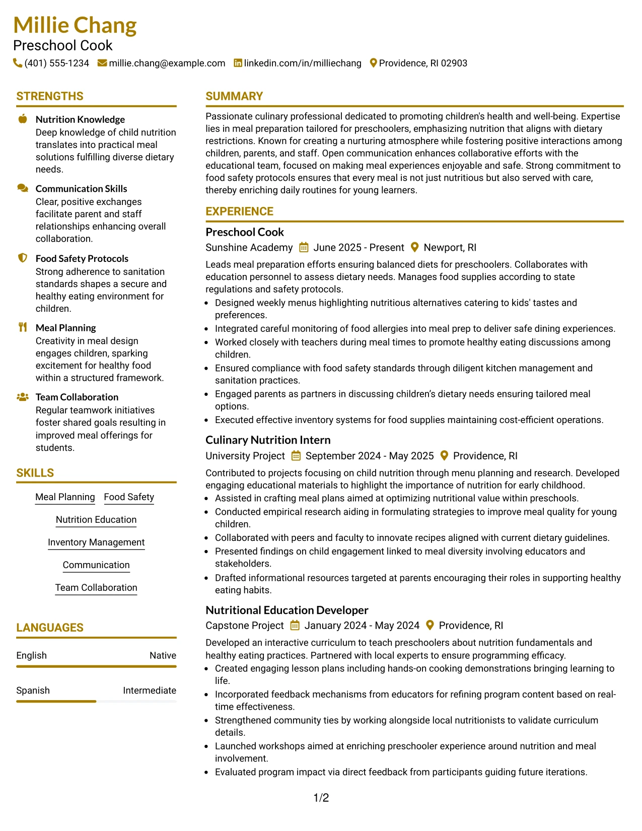 Resume Example Page 1